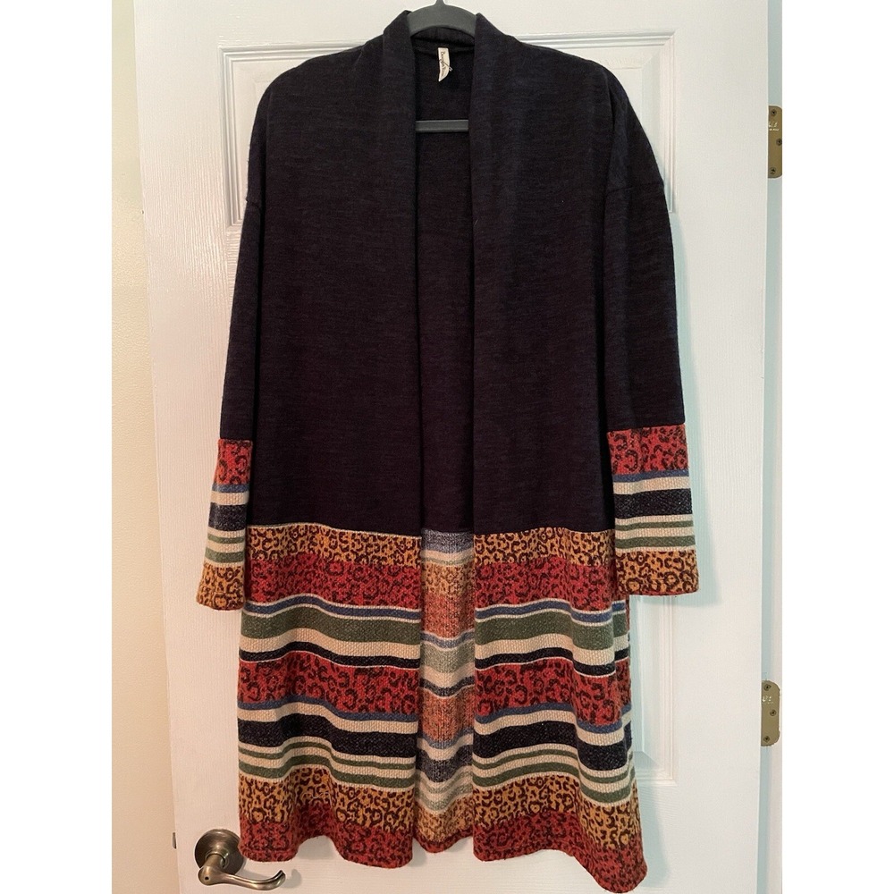 Beeson River Sweater Cardigan Long Navy‎ Geometric Design Stripe Size Small Open